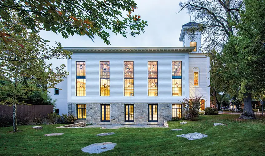 photo of building exterior at dusk